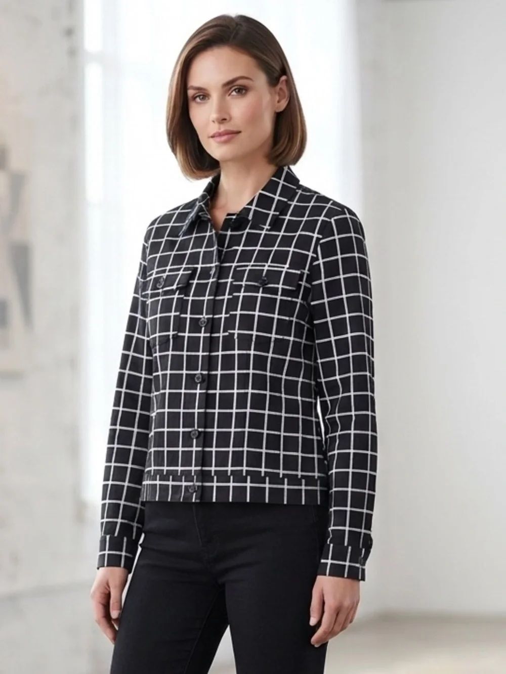 Take 50% OFF- Focus 2000 Black and White Grid Button-Down Shirt Jacket, Size-14